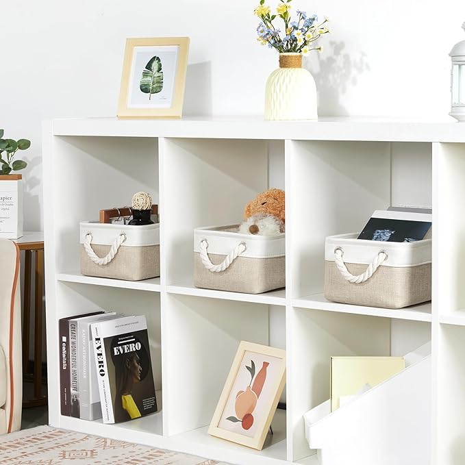 Bidtakay Small Baskets Fabric Storage Baskets for Organizing 3-Pack 12x8x5 Inch Collapsible Storage Bins for Shelves Canvas Bins for Closet Organization Baskets Storage Linen Closet S-White&Beige-CubbioJoy