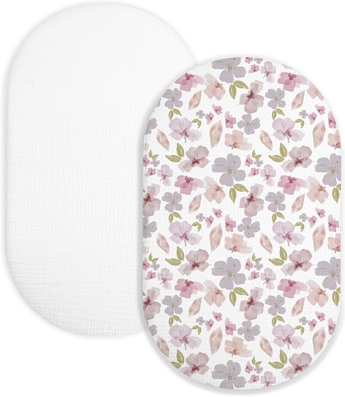Bassinet Sheet for Baby Boy and Girl 2 Pack, Fitted Sheets for Rectangle, Oval, Hourglass Bassinet Mattress, Muslin Moses Basket Sheets with Neutral Style (Purple Petals & White)-CubbioJoy