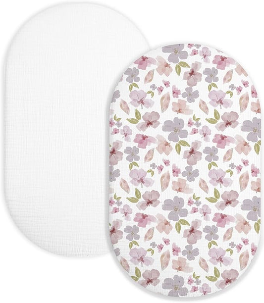 Bassinet Sheet for Baby Boy and Girl 2 Pack, Fitted Sheets for Rectangle, Oval, Hourglass Bassinet Mattress, Muslin Moses Basket Sheets with Neutral Style (Purple Petals & White)-CubbioJoy