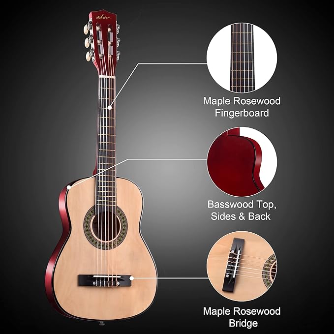 ADM Beginner Acoustic Classical Guitar 30 Inch Nylon Strings Wooden Guitar Bundle Kit for Kid Boy Girl Student Youth Guitarra Online Lessons with Gig Bag, Strap, Tuner, Extra String, Pick,Natural-CubbioJoy