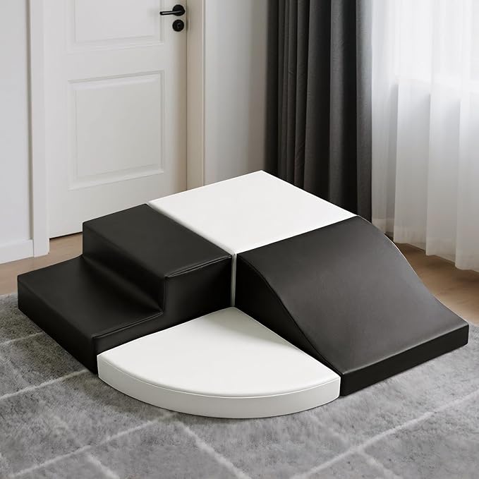 4-Piece Soft PU Leather Toddlers Climbing Toys, Baby Foam Climbing Blocks for Toddlers 3, Indoor Climb and Crawl Activity Play Set, Foam Play Gym Climbing Structures (Black and White)-CubbioJoy