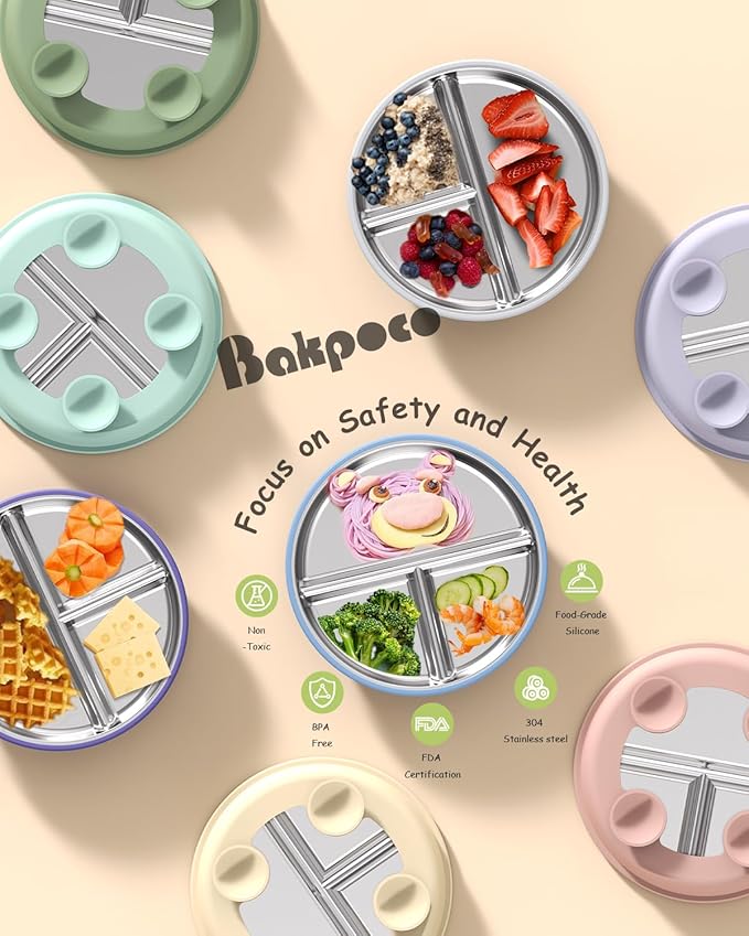 8” Stainless Steel Toddler Plate with Suction, Divided Plates with Removable Silicone Sleeves for Kids, Non Toxic & BPA Free | Non Slip | Unbreakable Baby Snack Dishes Set of 2, Blue & Sage-CubbioJoy