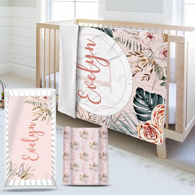 Custom Name Crib Bedding Set - Bohemian Flowers Design, Personalized Baby Nursery Bedding 3-Piece Set– Soft Blanket, Fitted Sheet, Changing Pad Cover – for Newborns Girls Nursery Gifts-CubbioJoy