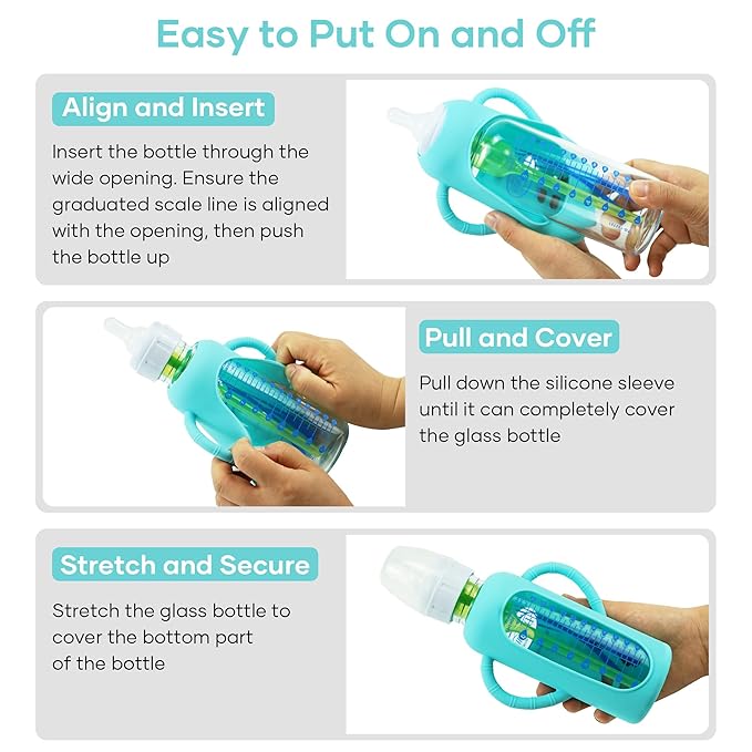 2 Pack Silicone Sleeves for Dr. Brown's Glass Baby Bottles, Anti Breakage Durable Baby Bottle Holder with Easy Grip Handles, Narrow Sleeve with a Cutout, Dishwasher/Freezer/Microwave Safe, 8 oz-CubbioJoy