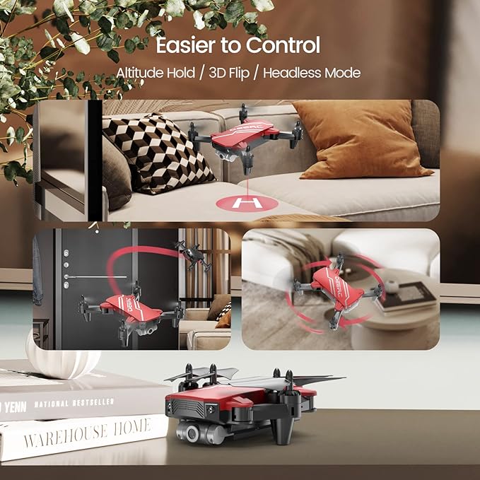 DEERC D20 Mini Drone for Kids with 720P HD FPV Camera Remote Control Toys Gifts for Boys Girls with Altitude Hold, Headless Mode, One Key Start Speed Adjustment, 3D Flips 2 Batteries, Red-CubbioJoy
