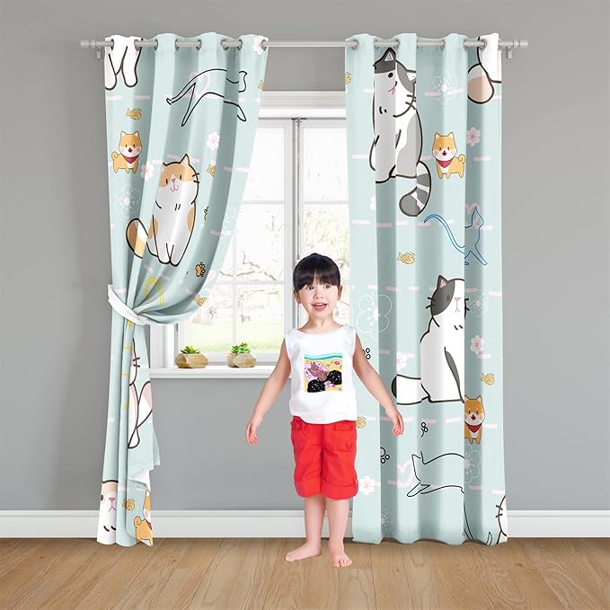 Cartoon Cat Blackout Curtains for Girls Room - Grommets Top, Animal Themed, Thermal Insulated Panels for Bedroom, Nursery Decor, 82 in x 84 in-CubbioJoy