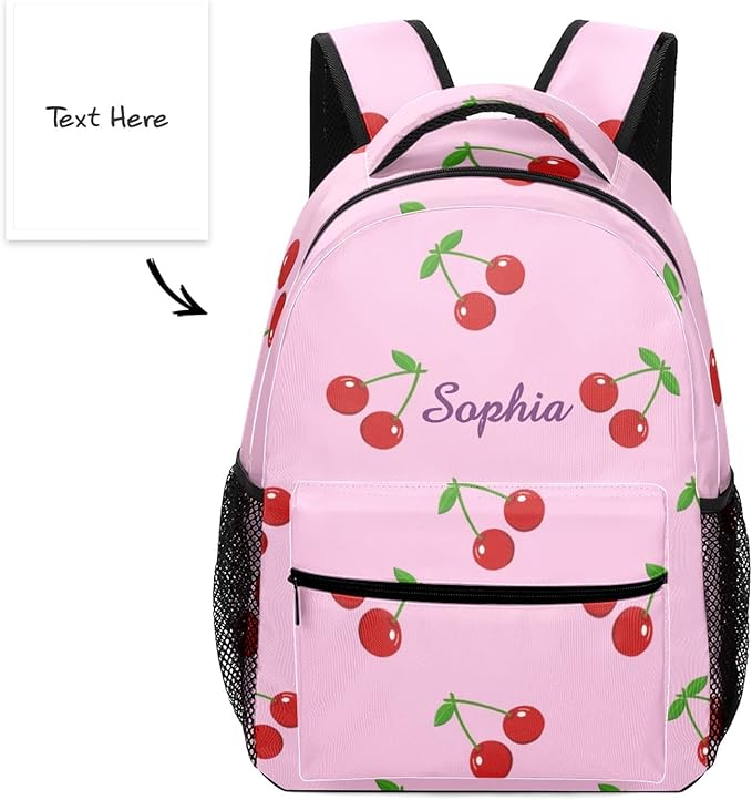 Cherry on Pink Custom Kids Backpack 16.5 Inch for Boy Girl, Personalized Waterproof Child School Travel Bag with Name-CubbioJoy