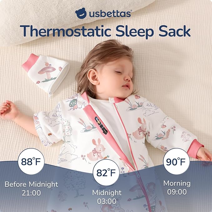 Baby Sleep Sack 6-12 Months, Cotton Detachable Long Sleeve Sleep Sack, 1.0 Tog Toddler Sleeping Sack with Temperature Strips, 2-Way Zipper Wearable Blankets for Newborns, Bunny-CubbioJoy