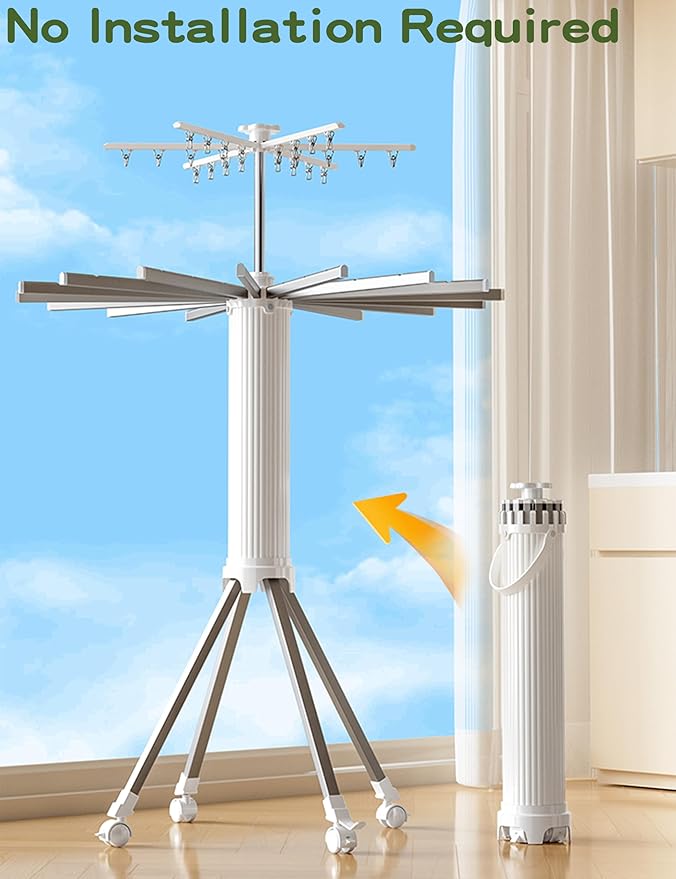 4-Legged Foldable and Portable Clothes Drying Rack,Collapsible Octopus Drying Rack with Wheels and Aluminum Rods,360°Rotatable Design for Indoor Outdoor Use-White-CubbioJoy