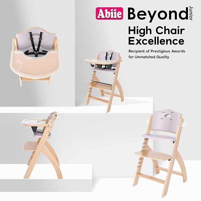 Abiie Beyond Junior Wooden High Chair with Tray - Adjustable and Convertible High Chair for Babies and Toddlers - 6 Months to 250 Lb - Water Resistant - Natural Wood with Lilac Cushion-CubbioJoy