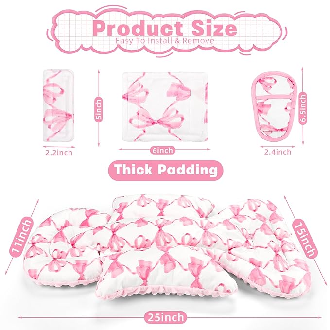 Infant Car Seat Insert, Soft Baby Car Seat Head & Body Support for Girl Boy, Reversible Newborn Preemie Carseat Insert Cushion with 3 Straps Pads, Fits Car Seat, Stroller, Swing, Bouncer, Pink Bow-CubbioJoy