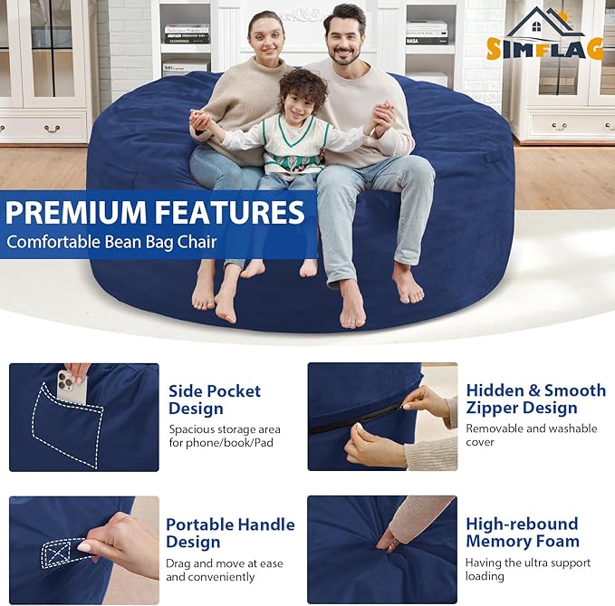 6FT Bean Bag Chair, Large Bean Bag Chairs with Memory Foam Filled, Fluffy Beanbag Sofa with Dutch Velvet Cover, Round BeanBag Chairs for Living Room, Playroom - Blue-CubbioJoy