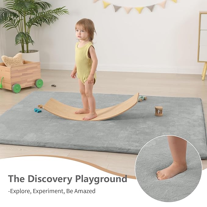 Baby Play Mat for Floor,1.3" Thick Elasti-Foam 50"×74" Playpen Mat for Tummy Time,Water Repellent Soft Coral Velvet for Toddler,Infant,Kids,Non-Slip Backing Safe for Crawling(Light Grey)-CubbioJoy