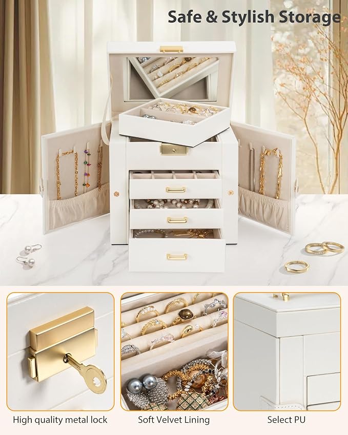 AKOZLIN 4-Tier Jewelry Box Leather Jewelry Storage Organizer with 3 Drawers Lockable for Women Girls Ring Necklace Earring Bracelet Holder with Mirror White-CubbioJoy