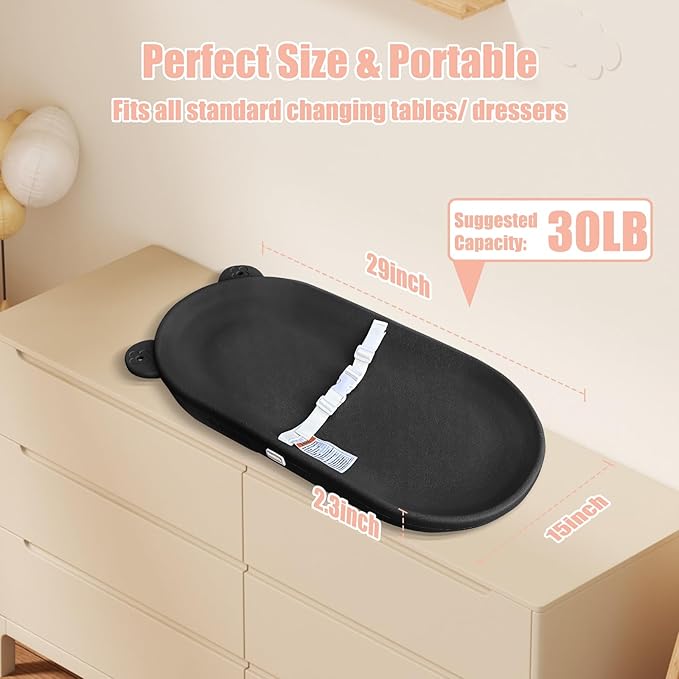 Changing Pad, Wipeable Diaper Changing Pad with Safety Belt for Changing Table, Nursery, Dresser, EVA Non-Slip Baby Changing Table Pad, Black-CubbioJoy