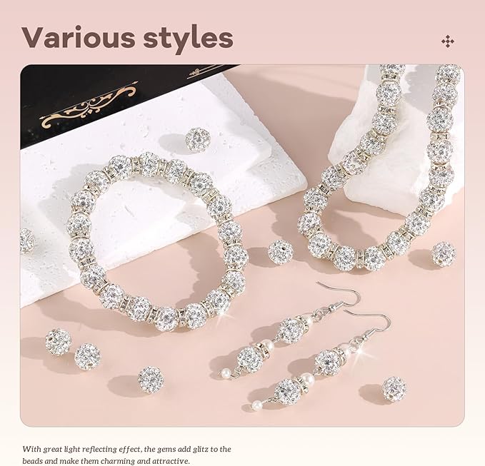 160pcs 10mm Rhinestone Beads for Jewelry Making, White Shiny Round Disco Ball Beads Bulk, Sparkle Crystal Clay Christmas for Bracelet Baseball Necklace Earring Crafting and DIY-CubbioJoy
