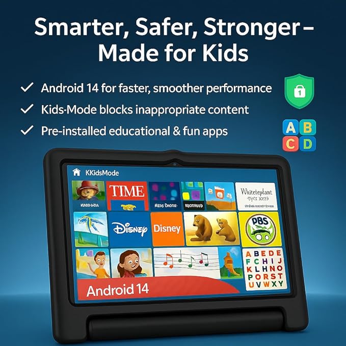 10.1 Inch Kids Tablet with Shockproof Case | Android 14, 64GB+8GB RAM, 12H Battery | Parental Control, Google Kids Space & Preloaded Educational Apps | WiFi 6, HD Display, Ages 3-12-CubbioJoy