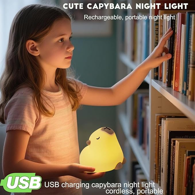 Cute Capybara Night Light, LED Capybara Lamp Rechargeable Touch Bedside Lamp,Squishy Animal Nightlight,3 Levels Dimmable,30Min Timer Nursery Night Light for Kids, Bedroom Baby Boys Girls Gifts-CubbioJoy