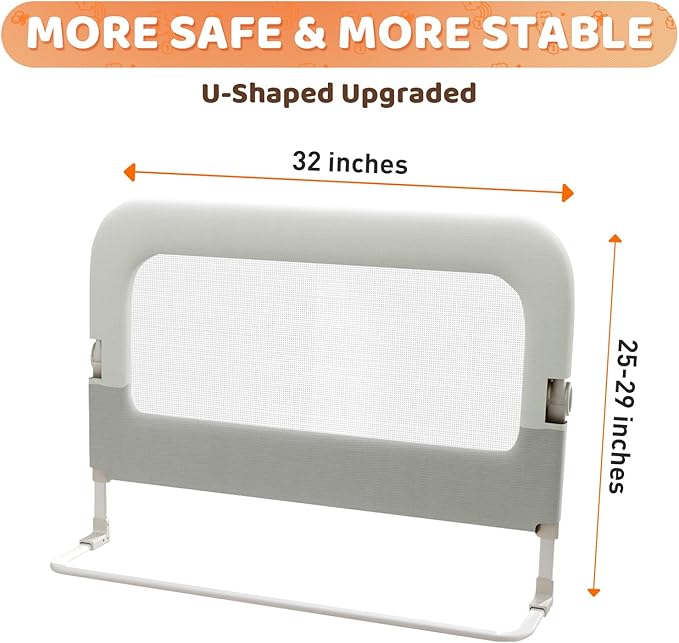 Bed Guard Rail for Toddlers - 32inch Folding up & Adjustable Heights Baby Bed Safety Rails - Portable Toddler Bed Barrier Railing Guard for Kids Twin, Bunk, Queen, Full Size Bed-CubbioJoy
