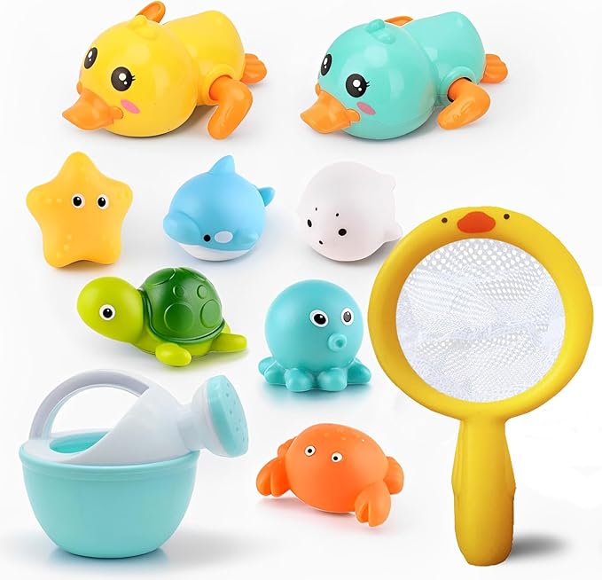 Bath Toys for Babies 6-12 Months+, Wind-up Ducks Bath Toys for Kids Ages 1-3, No Hole Ocean Animal Floating Pool Toys, Watering Can Fishing Net Water Toys for Toddlers-CubbioJoy