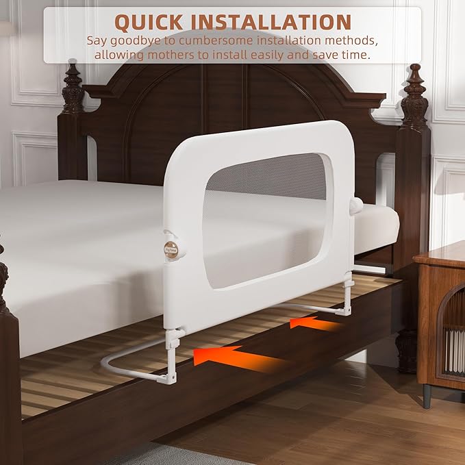 Bed Rail for Toddlers, Baby Bed Rail Guard for Kids, Toddler Bed Rails with Reinforced Anchor Fit, Height Adjustable & Foldable Bed Rail Guard for Twin, Full, Queen & King Beds (White, 32IN)-CubbioJoy