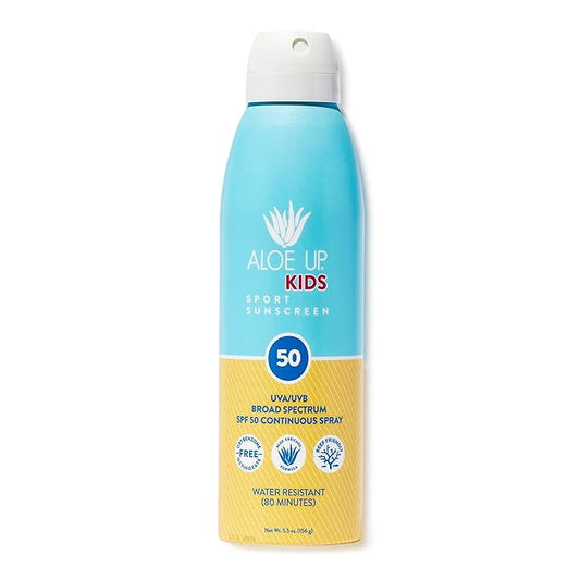 Aloe Up Kids Continuous Sport Sunscreen Spray SPF 50 - Broad Spectrum Sheer Face and Body Sunscreen Protector for Sensitive Skin - With Aloe Vera Gel - Dries Fast - Reef Safe - Fragrance-Free - 5.5 Oz-CubbioJoy