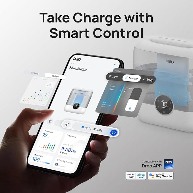 Dreo Smart Humidifiers for Bedroom, 6L Top Fill Supersized Cool Mist Humidifier for Large Room, 60 Hour Runtime, Quiet Ultrasonic Humidifiers for Plants, Baby, Nursery, Indoor, Home, Night Light, Gray-CubbioJoy