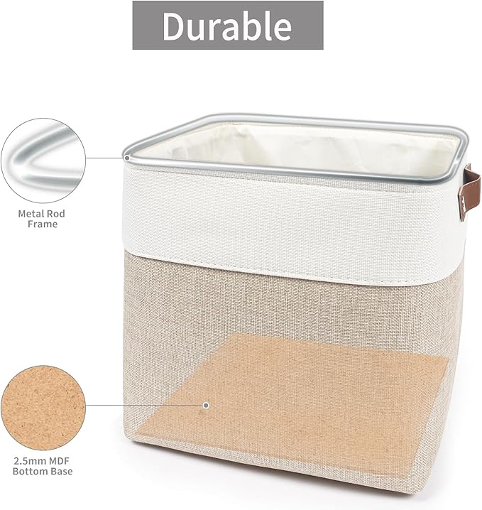 Collapsible Fabric Storage Cubes 11x11 Cube Storage Bins, 4 Pack Closet Baskets Box with Handles for Organizing, Shelf, Toys, Clothes, Home, Office, Nursery (Beige&White)-CubbioJoy