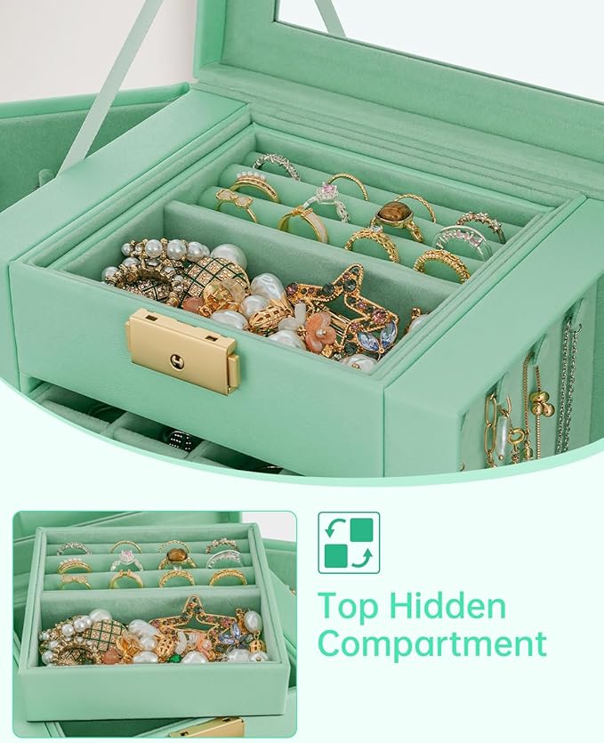 AKOZLIN 4-Tier Jewelry Box Leather Jewelry Storage Organizer with 3 Drawers Lockable for Women Girls Ring Necklace Earring Bracelet Holder with Mirror-CubbioJoy