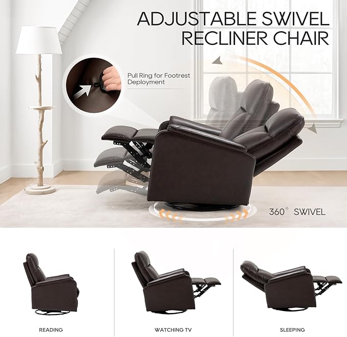 COLAMY Leather Swivel Recliner Chair with Footrest, Rocker Recliner Chair High Back with Double-Layer Cushion, Glider Recliner for Nursery & Living Room, Bedroom, Chocolate-CubbioJoy