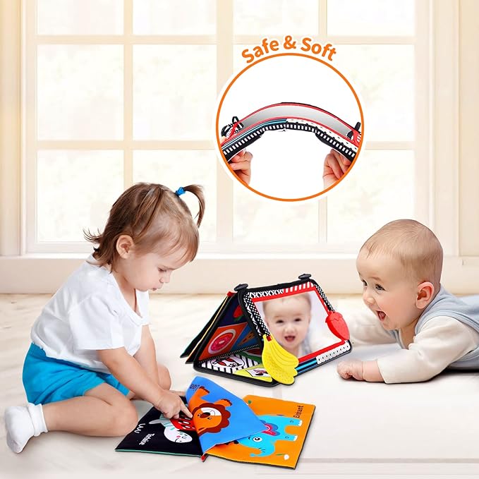 Baby Mirror Tummy Time Toys 0-3 3-6 Months Sensory Crinkle Baby Books Black and White High Contrast Baby Toys for Newborn Infant Montessori Car Seat Toys 0-6 Month Boy Girl Easter Basket Stuffers Gift-CubbioJoy