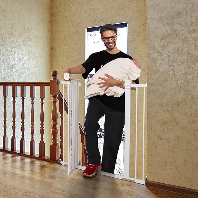 BABELIO 36" Extra Tall Dog Gate, 26-40" Wide Auto Close Baby Gate, Pressure Mounted Metal Pet, Easy Install No Drilling, No Tools Required, With Wall Protectors and Extension Kits, White-CubbioJoy