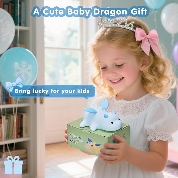 Cute Baby Dragon Kids Night Light for Kids,Cute Soft Silicone Lamp 3 Level Dimmable Changing Rechargeable Breastfeeding Nursery Portable Kawaii Lamps,Bedside Lamp for Baby and Toddler,Boy Girls（Blue）-CubbioJoy