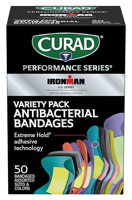 CURAD Performance Series IRONMAN Antibacterial Bandages, Extreme Hold Adhesive Technology, Finger & Knuckle Bandages, Flexible Fabric, Variety Pack with Assorted Sizes & Colors, 50 Count-CubbioJoy
