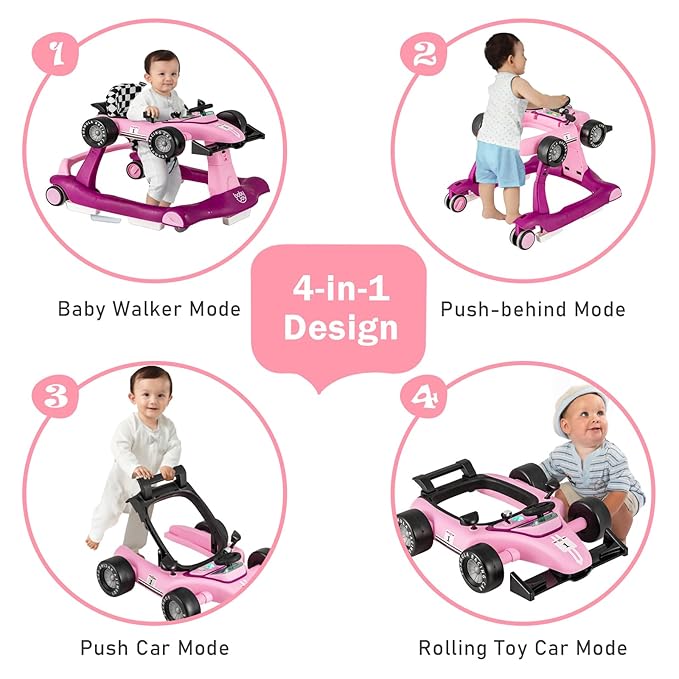 BABY JOY 4-in-1 Baby Walker, Foldable Activity Walker with Adjustable Height & Speed, Music, Lights, Steering Wheel, Comfy Seat Cushion, Activity Baby Push Walker for Boys Girls Aged 6 –18 (Purple)-CubbioJoy