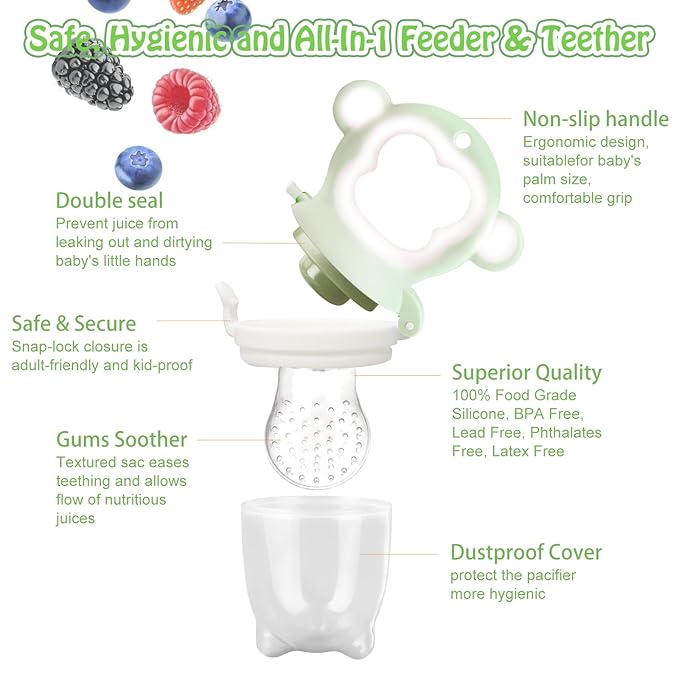 Baby Fruit Food Feeder - Silicone Nibble Tray Combo - Breastmilk Popsicle Mold for Cooling Relief, BPA Free Mesh Feeder for Infant Self Feeding (Monkey Mint + Pineapple)-CubbioJoy