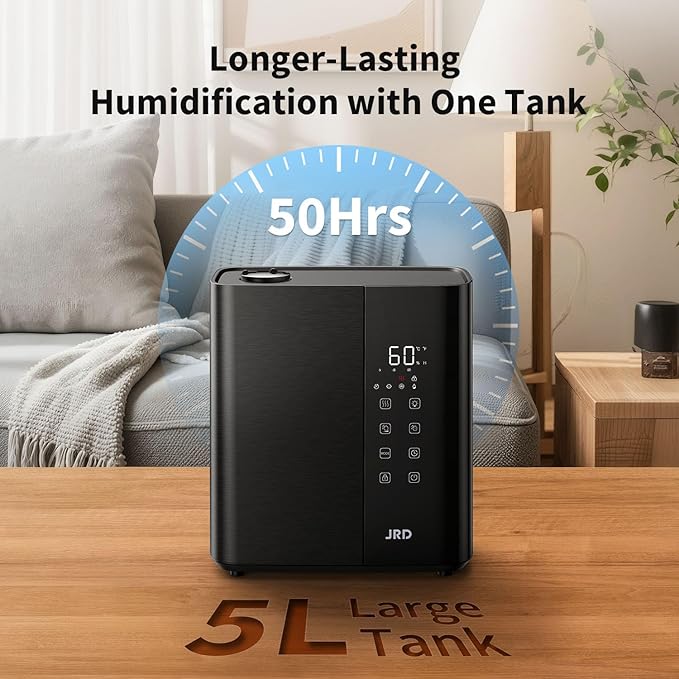 JRD Smart Humidifiers for Bedroom, 5L Warm & Cool Mist Ultrasonic Air Humidifier for Large Room Home Indoor, 50Hrs Quiet Runtime for Baby, Plants, Remote Control, Auto Humidity Sensor, 12H Timer-CubbioJoy