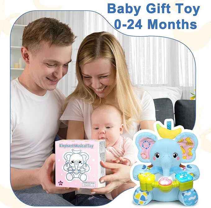 Baby Elephant Musical Stuffed Animals Toy with Light-Up Music & Crinkle,Infant Bilingual Early Learning Education Toys,1st Easter Basket Shower Stuffers for 0-3-6-12+ Months Boy Girl Gifts,Blue-CubbioJoy