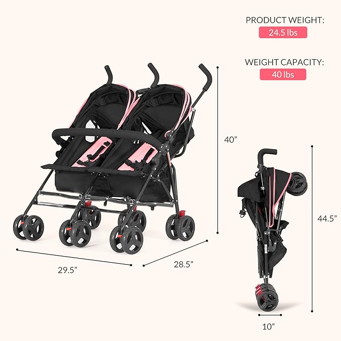 Dream On Me Volgo Twin Umbrella Stroller in Pink, Lightweight Double Stroller for Infant & Toddler, Compact Easy Fold, Large Storage Basket, Large and Adjustable Canopy-CubbioJoy