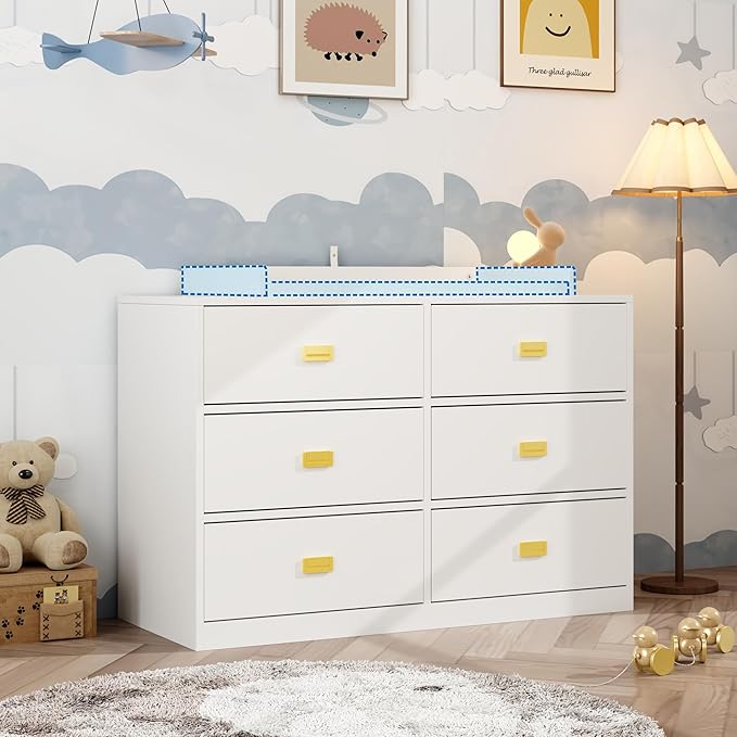 6 Drawer Baby Dresser, Nursery Dresser with Changing Topper, Long Cabinet for Infant Cloth Organize, Changing Station for Nursery and Kids Bedroom Storage, White (45.3" W x 18.9" D x 30.1" H)-CubbioJoy