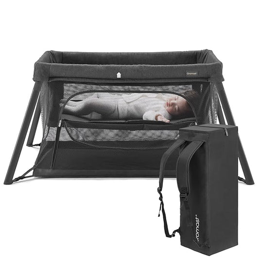 2 in 1 Portable Travel Crib for Toddler, Foldable Crib for Baby, Lightweight Playpen Collapsible Playard with Soft Mattress, Easy to Carry Baby Travel Bed for Outdoor, Indoor (Black)-CubbioJoy