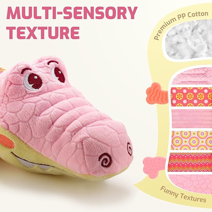 Sumobaby Crocodile Baby Toys Musical Crocodile, Stuffed Animal Activity Soft Toys with Teether, Multi-Sensory Crinkle, Rattle and Textures, for Tummy Time, 0 - 12 Months, Boys, Girls, Alligator (Pink)-CubbioJoy