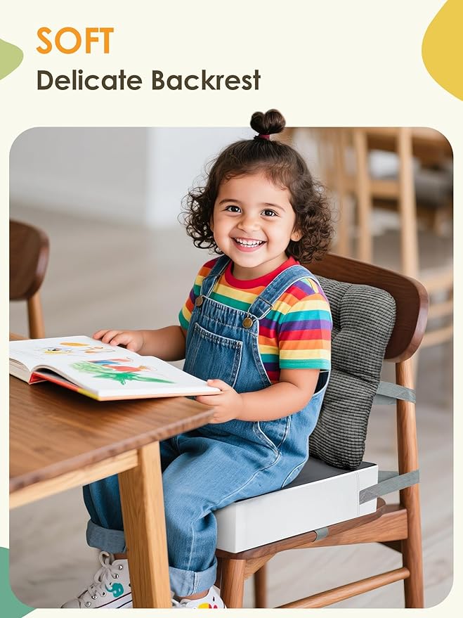 Booster Seat for Kitchen Chair, Adjustable Washable Safety Belts Toddler Booster Seats, PU Non-Slip Kids Dining Table Booster Seat, Portable Travel Increasing Cushion for Child Kid Boy Girl - Gray-CubbioJoy