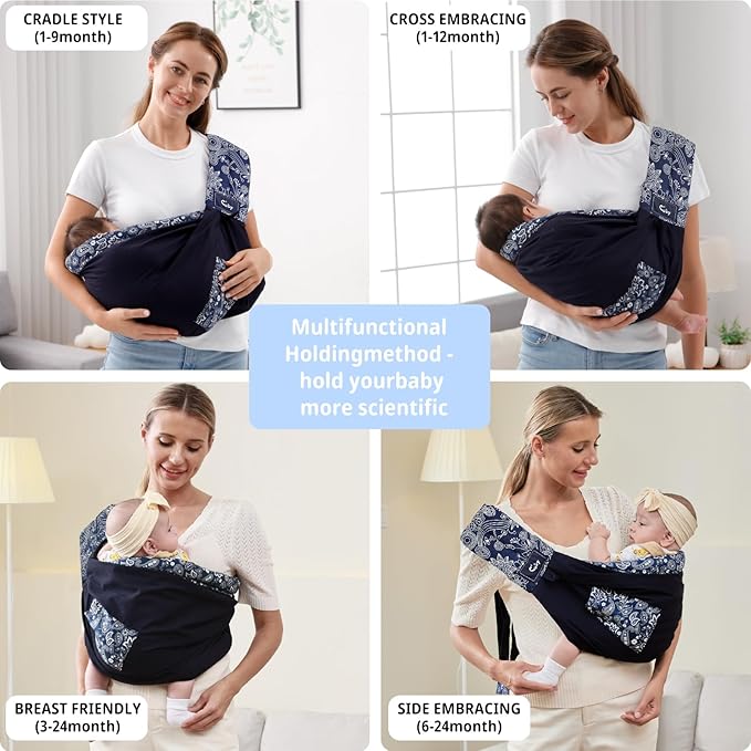 CUBY Wrap Baby Sling Carrier, Baby Wraps Sling Carrier Adjustable Breathable Lightweight Easy to Wearing - Baby Slings for Newborn Infant Toddler Front & Hip Carry Up to 40lbs (Dark Blue Floral)-CubbioJoy