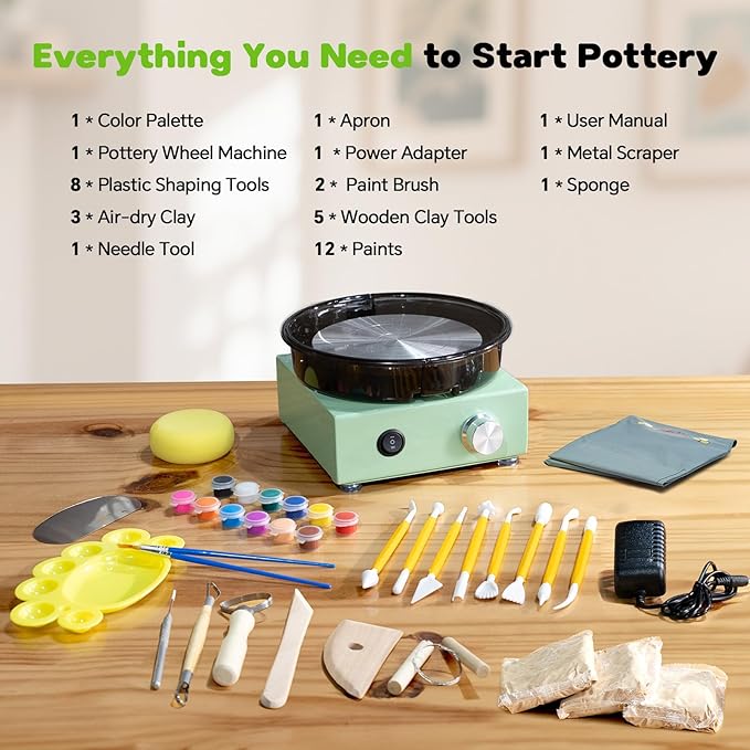 Alldeer Mini Pottery Wheel Kit - 6" Turntable Two-Way Rotation Clay Wheel, Metal Frame, Removable Splash Tray Ceramic Making Kit with 18PCS Sculpting Tools, Pottery DIY Machine for Kids and Beginners-CubbioJoy