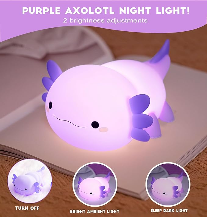 DREAMING MY DREAM Axolotl Night Light for Kids,Cute Axolotl Gifts lamp Rechargeable Light Table Bedside Lamp,LED Animal Silicone Nursery Night Lamp Cute Room Decor for Kids Girls Boys-CubbioJoy