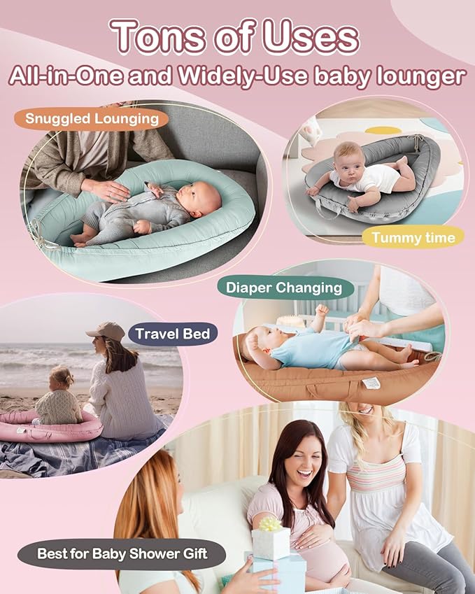 Baby Lounger - Infant Lounger for Newborn 0-24 Months, Pure Cotton Breathable Baby Nest Lounger Cover, Newborn Essentials for Baby Boys & Girls, Co Sleeper Portable Baby Bed for Home and Travel-CubbioJoy