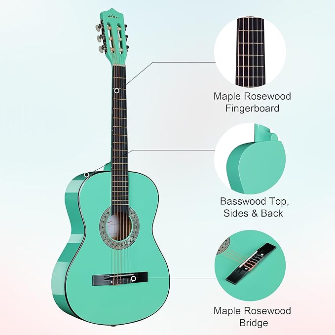 ADM Beginner Acoustic Classical Guitar 38 Inch Nylon Strings Wooden Guitar Bundle Kit for Kid Boy Girl Student Youth Guitarra Online Lessons with Gig Bag, Strap, Tuner, Strings, Cyan Green-CubbioJoy