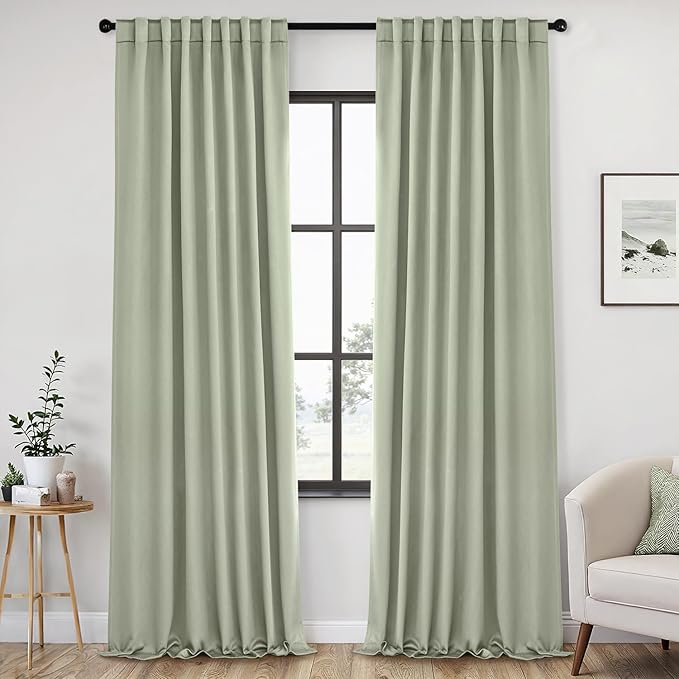 ANRODUO Back Tab Blackout Curtains for Bedroom Living Room, Rod Pocket Pinch Pleated Thermal Insulated Room Darkening Curtains 94 Inches Long 2 Panels, Sage Green, 42 x 94 Inch-CubbioJoy