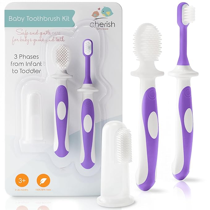 Cherish Baby Care Baby Toothbrush & Toddler Toothbrush Set (0-2 Years) - BPA-Free & Safety-Tested, 2023 Award Winner, Food-Grade Silicone (Purple)-CubbioJoy